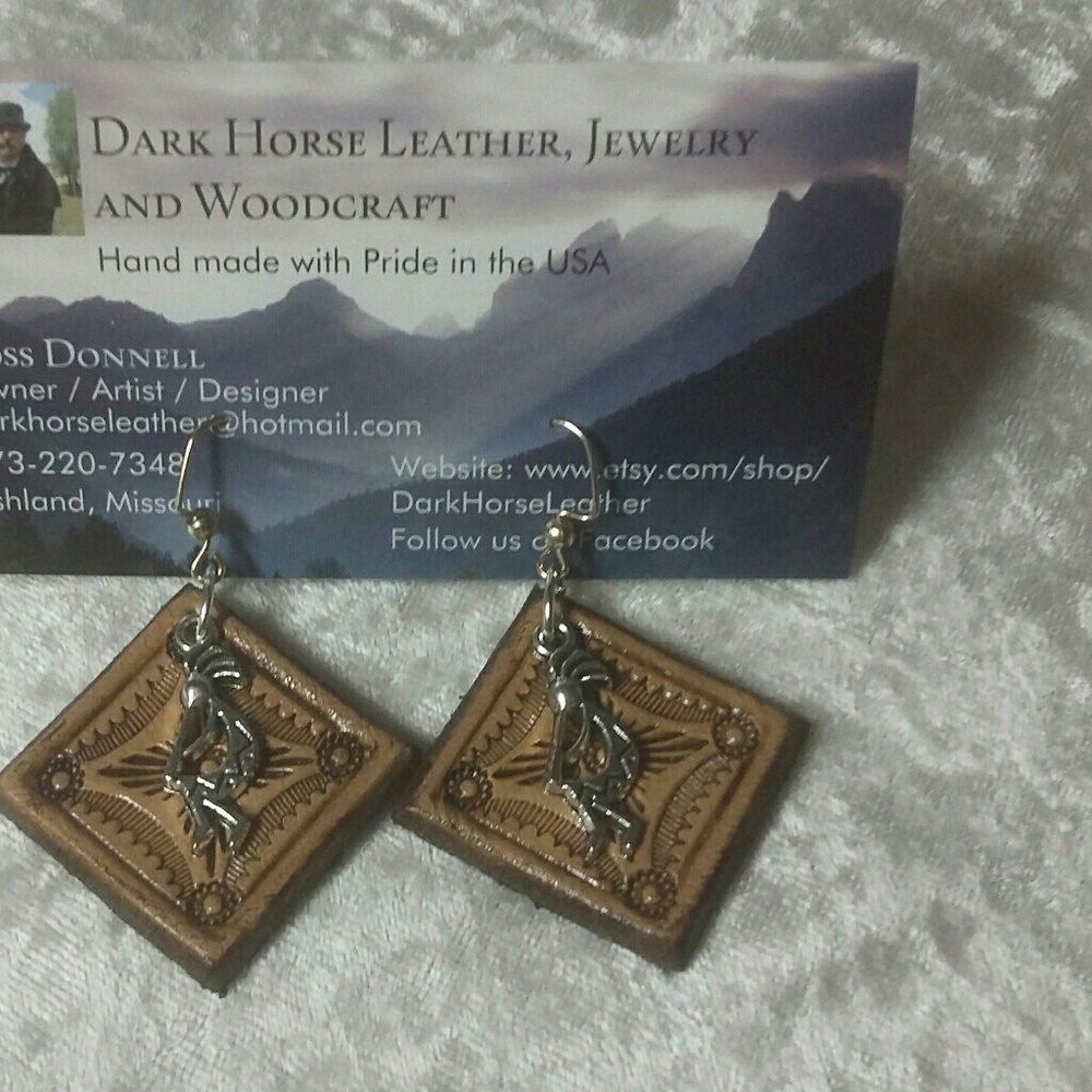 Hand Tooled Leather Kokopelli Earrings